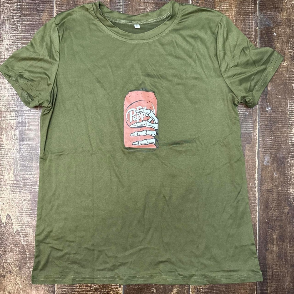 Women's Khaki Green Graphic Tee Dr Pepper Til Death Skeleton Dr Pepper T-Shirt